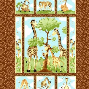 May include: A fabric panel featuring a repeating pattern of giraffes in a whimsical, cartoon style. The giraffes are depicted in various poses, surrounded by trees, bees, and a blue sky. The border has a brown giraffe-print design.