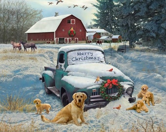 Panel David Textiles for Four Seasons Golden Retriever Christmas At The Barn GG00613C1 Digitally Printed Panel 36in x45in