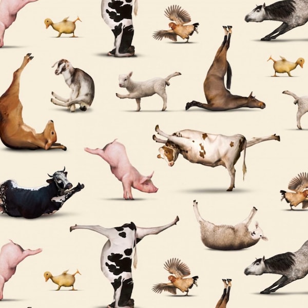 Elizabeth Studios Yoga Animals Yoga is for everyone on cream background Cotton Fabric