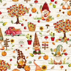 May include: A white background with a fall theme featuring gnomes, pumpkins, apples, sunflowers, and fall leaves. The text "Apple Orchard Sweet and Juicy" and "Cider Apples Hay Rides" are on signs.