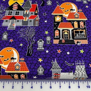 Benartex Glow-O-Ween Glow in the Dark Halloween Halloween Scenic Haunted House Purple 12958G-66 cotton fabric