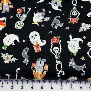May include: Black fabric with a Halloween themed print featuring ghosts, skeletons, bats, and candy. The print is on a black background with white, orange, and green accents.