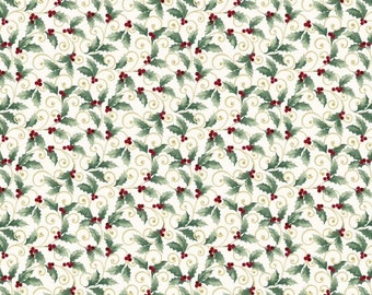 Benartex A Festive Medley Holly and Scroll Metallic cream BEN13188M-07 Cotton fabric