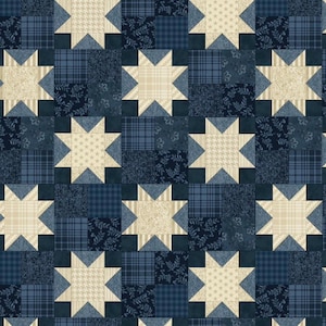 May include: A patchwork quilt with a repeating pattern of eight-pointed stars. The stars are a light beige color and are set against a background of various blue fabrics, including plaid, floral, and solid patterns. The quilt has a traditional, homespun aesthetic.