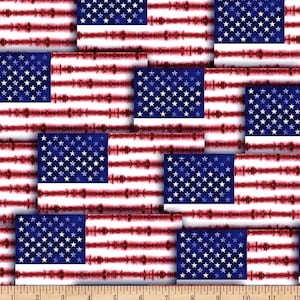 May include: A white fabric with a repeating pattern of red and white stripes and blue American flags. The flags have white stars on a blue field.