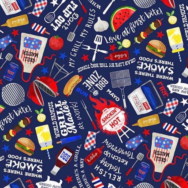 Timeless Treasures BBQ Season Navy Barbecue Tools & Accesories 100% Quilt Shop Cotton Fabric by the Yard