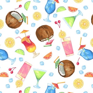 May include: A watercolor illustration of a seamless pattern featuring various tropical drinks, fruits, and ice cubes. The pattern includes cocktails, coconuts, limes, oranges, cherries, and ice cubes.