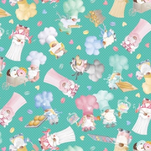 Kanvas studio Gnomebody Bakes it Better tossed gnomes Jade Cotton Fabric 1283445B