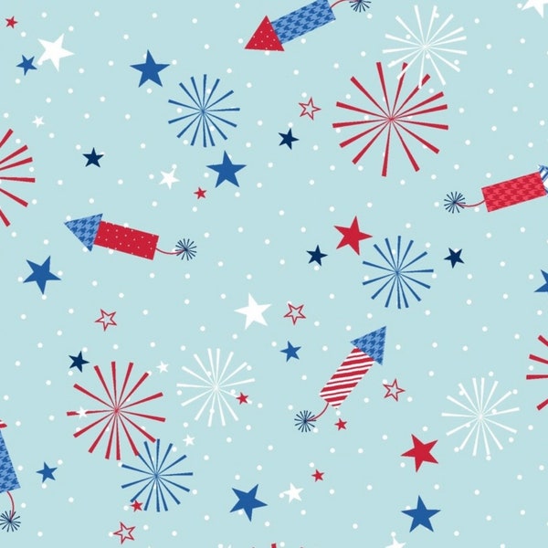 Springs Creative Red White and Bloom Patriotic Stars on light blue background Cotton Fabric