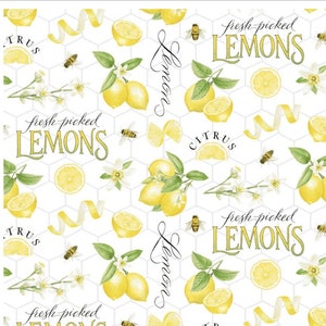 Elizabeths Studio Fresh Picked Lemons HEG589-30 Large Tossed Lemons & Words cotton fabric