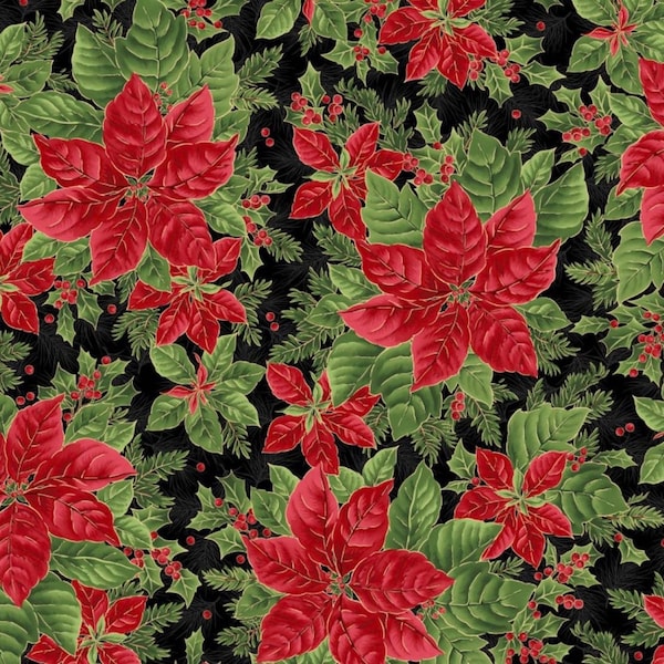 Maywood Studios Evergreen bows Metallic Poinsettias on black background 100% Quilt Shop Cotton Fabric by the Yard