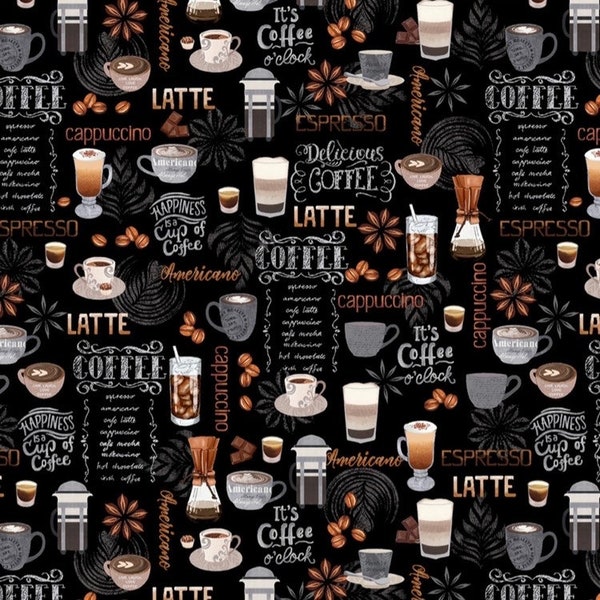 Timeless Treasures perk up Packed Coffee Motifs And Menu Text 100% Quilt Shop Cotton Fabric by the Yard