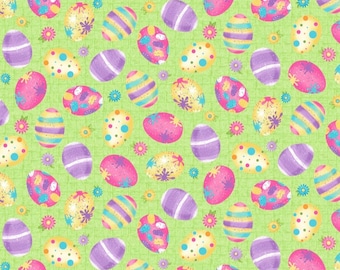 Henry Glass Hoppy Easter Gnomies Multi Paint Splatter Green Easter Egg Toss HEG563-66 Cotton Fabric