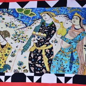 Eastern Garden Silk Scarf, Blue Yellow, Painting Scarf, Persian Artwork