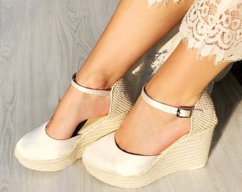 PARIS Boho SATIN Platform Wedding Wedges Espadrilles Bridal, ankle strap, High Heel, ivory bridal shoes, boho bride, bohemian bride, pumps