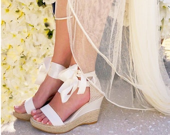 KATE Ivory Wedding Espadrille Wedges, bridal shoes, boho wedding, open toe wedding, beach wedding shoe, bohemian, ecru, ivory bridal shoes