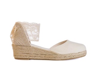 BEVERLY Lace Ivory Low Wedge Lace Up Espadrilles Boho ,comfortable Wedding shoes, beige bridal shoes, dancing wedding, flat wedding shoes