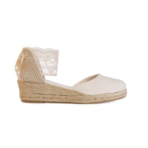 BEVERLY Lace Ivory Low Wedge Lace Up Espadrilles Boho ,comfortable Wedding shoes, beige bridal shoes, dancing wedding, flat wedding shoes