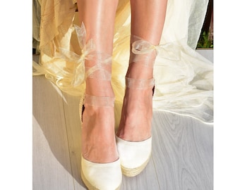 AUDREY PLATFORM Wedge Lace Up Ivory Espadrilles Boho Wedding Wedge High Heel Espadrille Boho, ecru, Bridal shoes, Ibizencas, Bridesmaid