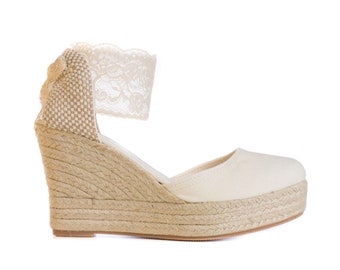 BEVERLY Lace Ivory Platform Wedge Lace Up Espadrille Boho style Wedding, comfortable wedding shoes, bohemian bride, beige wedges, ecru