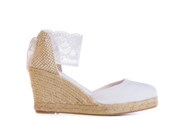 BEVERLY Closed Toe Lace White Lace Wedge Espadrille Boho style Wedding, comfortable wedding shoes, bohemian bride, beige wedges, ecru