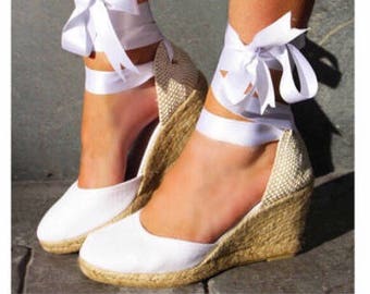 White CHLOE Medium Wedge Lace Up Espadrille Wedding Bridal shoes White, reception shoes, bachelorette, baby shower, comfortable wedding