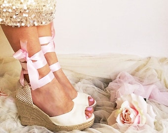 BOHOPINK Peep Toe IVORY Platform Wedge Lace Up Espadrille Boho style Wedding, open toe, high heel, bridal, comfortable wedding,  bridesmaid