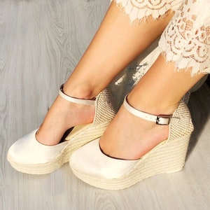 PARIS Boho SATIN Platform Wedding Wedges Espadrilles Bridal, ankle strap, High Heel, ivory bridal shoes, boho bride, bohemian bride, pumps