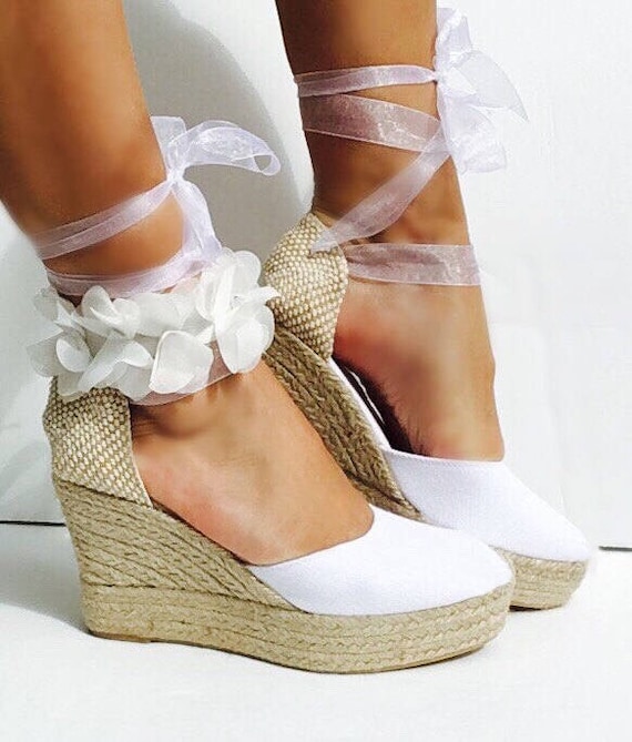 LULU Wedge Lace up Espadrilles Boho Style Wedding Beach, Bridal