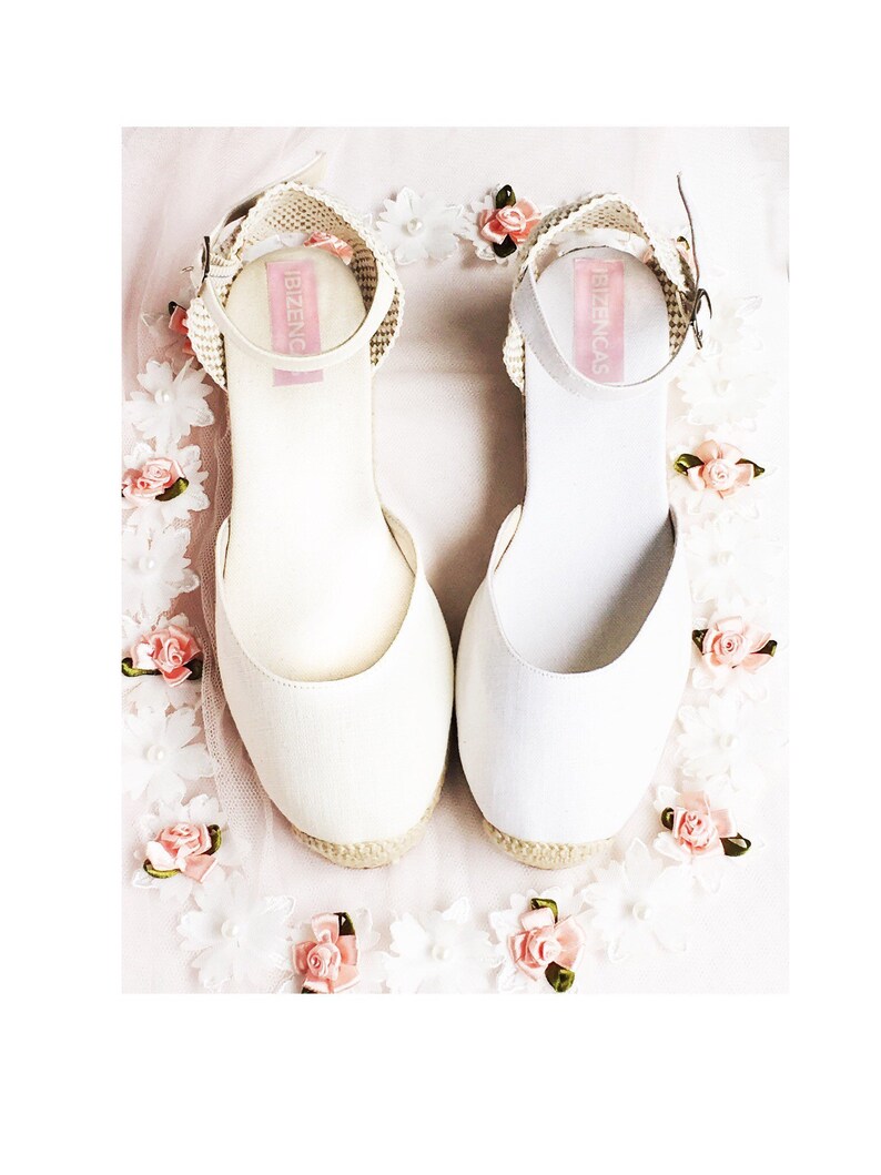 Sarah Linen Low Heel Ankle Strap Comfortable Wedding Flats Etsy