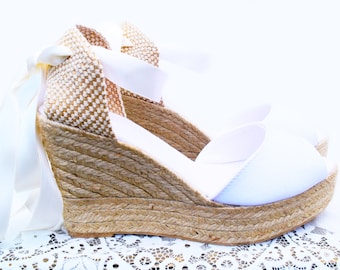 ANNA Peep Toe Platform Wedge Lace Up Espadrille Boho style Wedding, Open toe, high heel bridal, countryside wedding, beach wedding shoes