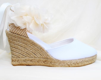 Boho Flower CHLOE Medium Wedge Lace Up Espadrille Wedding Bridal shoes White