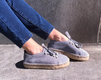 Ibiza Island Boho Sneakers Espadrilles- Lace Oxford shoes, made of Suede Leather, Platform shoes