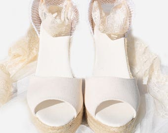 ANNA Peep Toe IVORY Lace Platform Wedge, ecru Espadrilles Boho style Wedding baby shower, reception shoes, comfortable wedding, nude