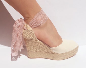 BOHOIBIZA Ivory Dusty Pink Lace Up Espadrille, dance shoes, ballerina shoes, boho shoes, bridal shoes, romantic shoes