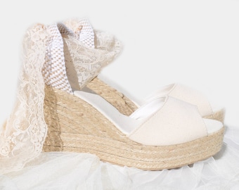 ANNA PLATFORM Peep Toe IVORY, Ecru, Lace Platform Wedge Lace Up Espadrille Boho style Wedding, comfortable wedding