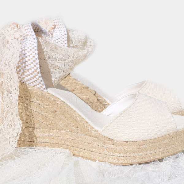 ANNA PLATFORM Peep Toe IVORY, Ecru, Lace Platform Wedge Lace Up Espadrille Boho style Mariage, mariage confortable