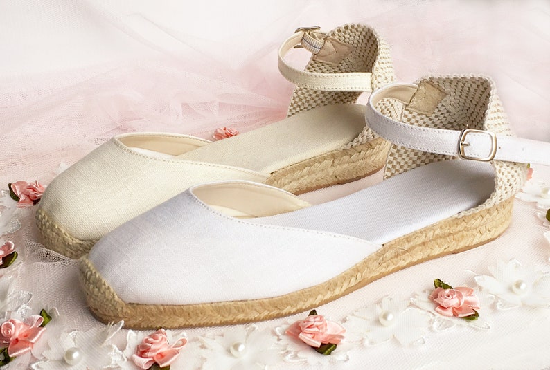 Sarah Linen Low Heel Ankle Strap Comfortable Wedding Flats Etsy