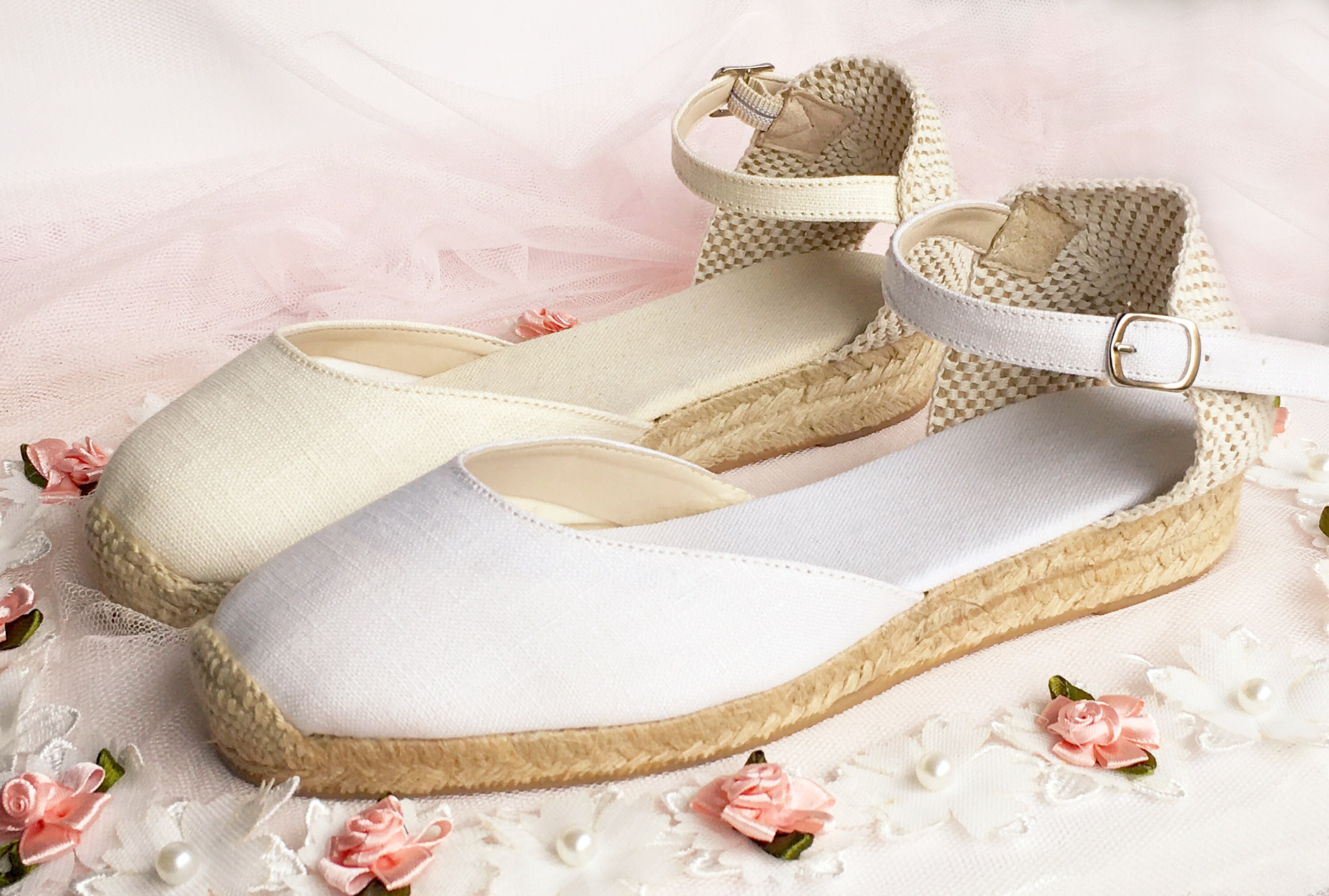 Sarah Linen Low Heel Ankle Strap Comfortable Wedding Flats Etsy