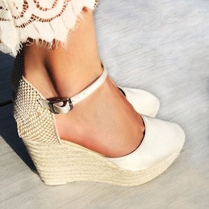 PARIS Boho SATIN Platform Wedding Wedges Espadrilles Bridal, ankle strap, High Heel, ivory bridal shoes, boho bride, bohemian bride, pumps