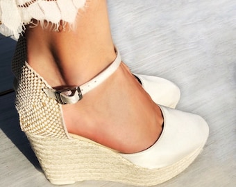PARIS Boho SATIN Platform Wedding Wedges Espadrilles Bridal, ankle strap, High Heel, ivory bridal shoes, boho bride, bohemian bride, pumps