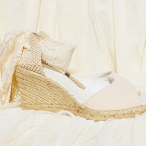 ANNA MEDIUM Peep Toe IVORY Lace Platform Wedge, ecru Espadrilles Boho beige Wedding shoes  baby shower, reception shoes, comfortable wedding