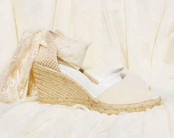 ANNA MEDIUM Peep Toe IVORY Lace Platform Wedge, ecru Espadrilles Boho beige Wedding shoes  baby shower, reception shoes, comfortable wedding