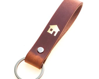 House Keyring Leather Brown – Gold Embossed – Leather Keychain – Housewarming Gift – Keyring Home | ELBERCRAFT®