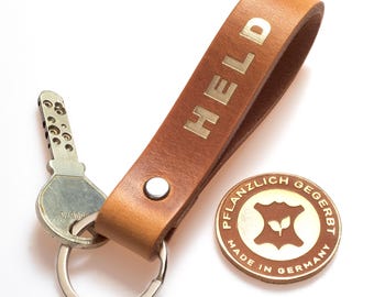 Leather key ring, vegetable-tanned – brown – HELD gold embossing – special gift for men – handmade in Northern Germany