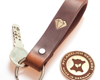 Leather keychain, vegetable-tanned – brown – diamond in gold – gift for partner & wedding – handmade in Northern Germany