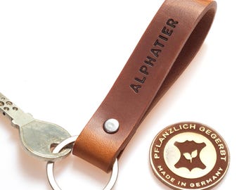 Leather keychain, vegetable-tanned – brown – ALPHATIER black embossing – gift for men – handmade in Northern Germany