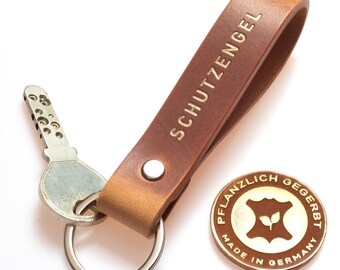 Leather keychain, vegetable-tanned – brown – GUARDIAN ANGEL gold embossing – personal gift – handmade in Northern Germany