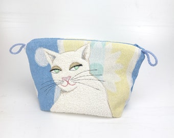 Cosmetic bag, vintage terry cloth upcycling light blue-white-yellow-mint, with cat appliqué