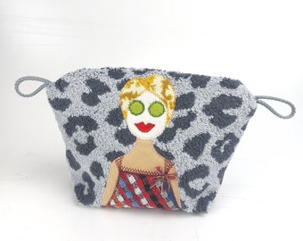 small cosmetic bag with Trulla on face mask, make-up bag, terry cloth grey spotted, leopard pattern